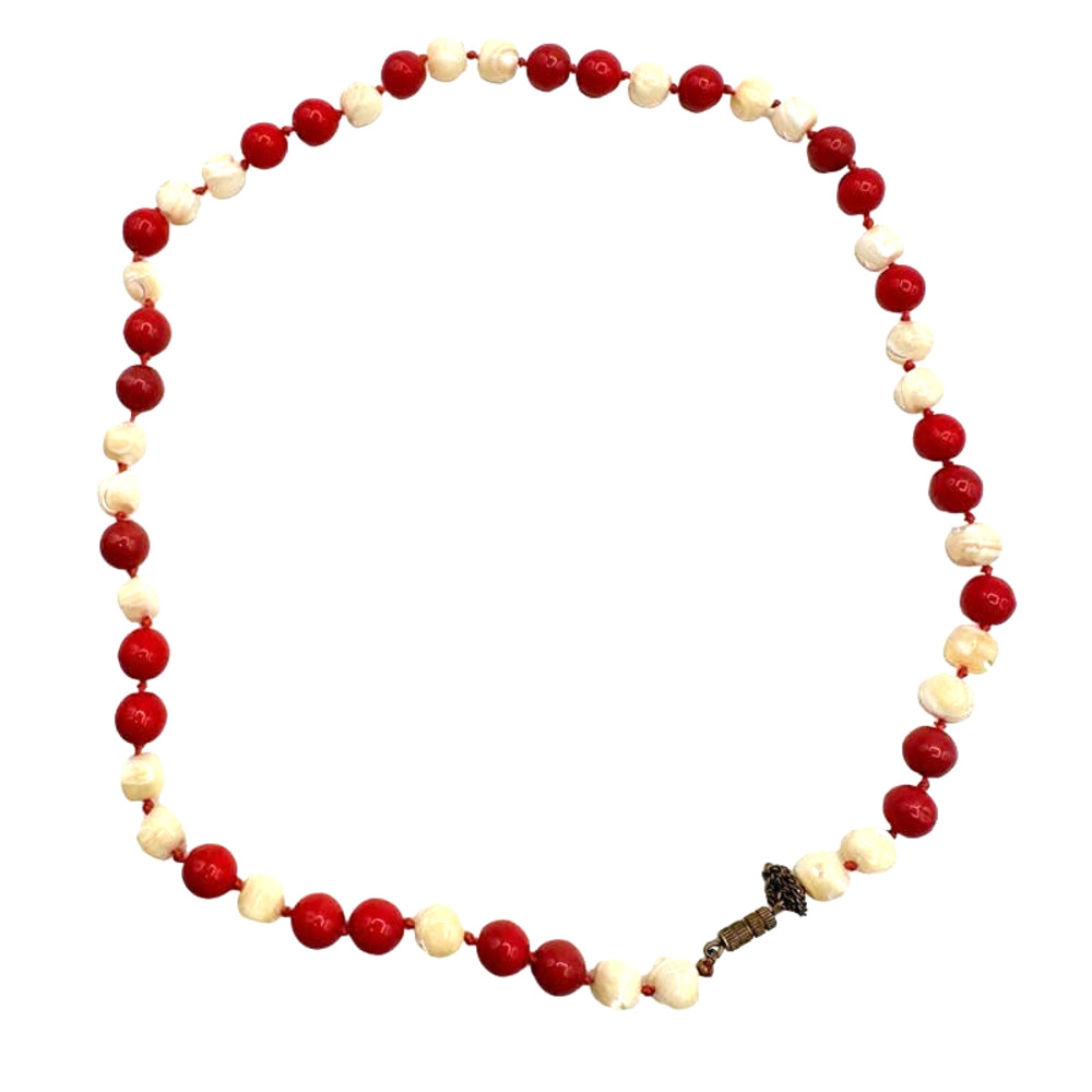Vintage Red Coral and Freshwater Pearl Knotted Necklace with Barrel Clasp 22"